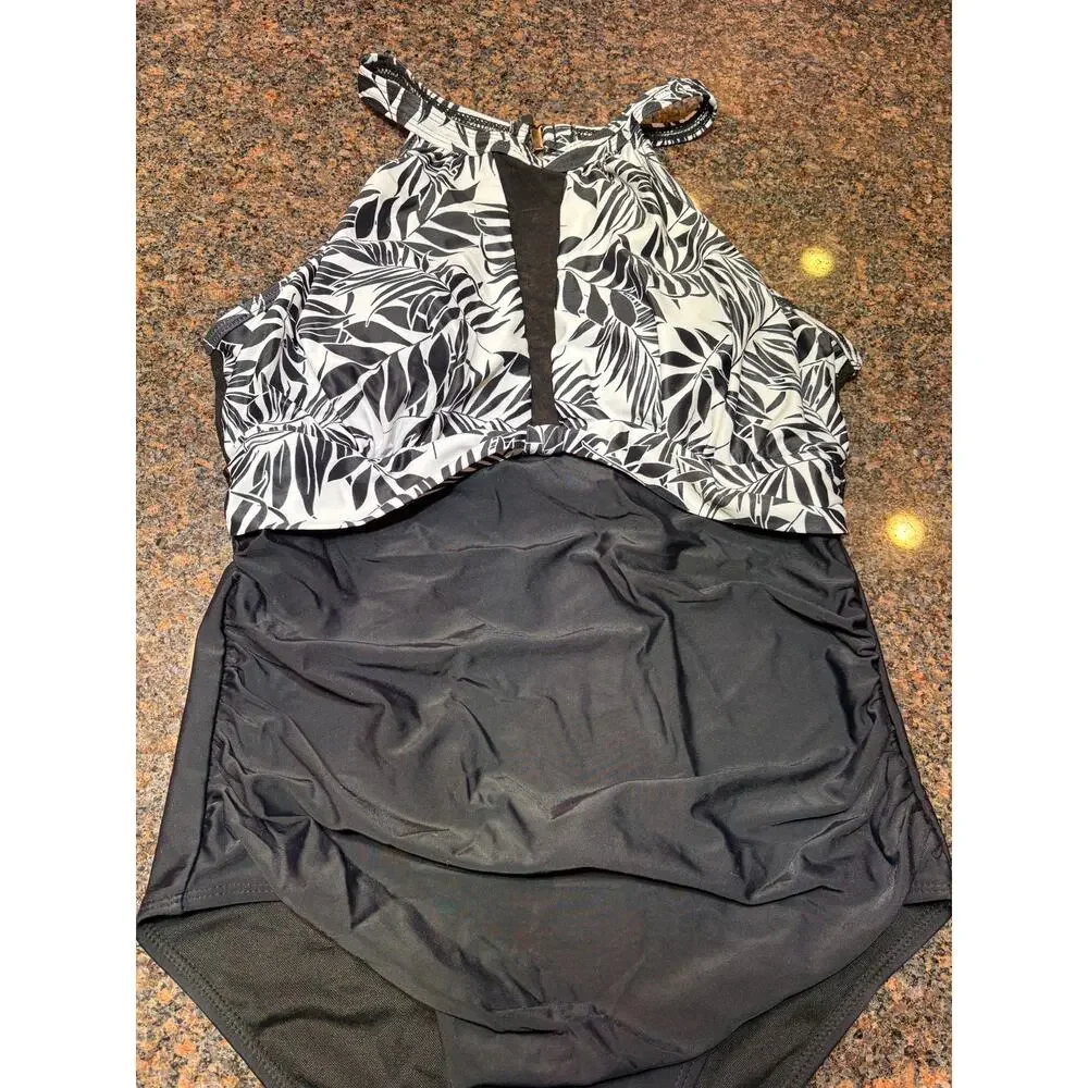 Tempt Me Black White One Piece High Neck Tummy Control Bathing Suit Size M NWT - Picture 11 of 16